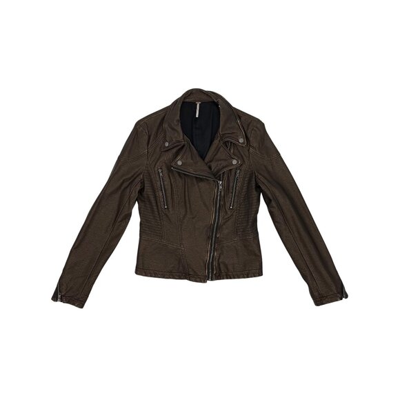 Y2K Free People Bronze Vegan Leather Asymmetrical Zip Moto Jacket | Streetwear - Picture 14 of 16
